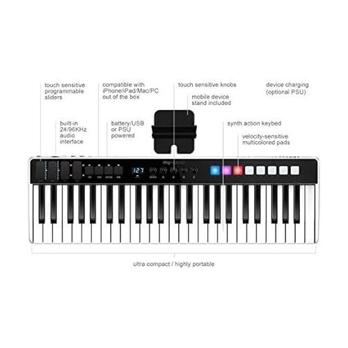  IK Multimedia iRig Keys I/O 49 portable keyboard MIDI controller 24-bit/ 96Khz audio interface full-size synth velocity-sensitive, 48V phantom power, XLR mic preamp, iPhone, iPad, Android, Mac, PC