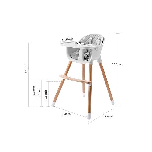  IKARE Wooden Natural Baby High Chair W/Removable Tray & Safety Harness, 3-in-1 Infant Highchair/Booster/Kid Chair | Grows with Your Child | Adjustable Legs | Modern Wood Design (Gray)