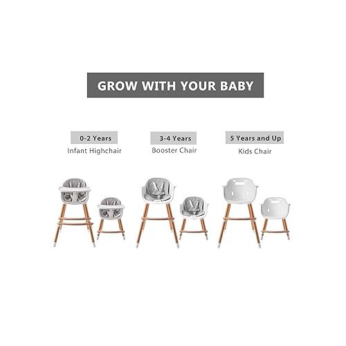  IKARE Wooden Natural Baby High Chair W/Removable Tray & Safety Harness, 3-in-1 Infant Highchair/Booster/Kid Chair | Grows with Your Child | Adjustable Legs | Modern Wood Design (Gray)