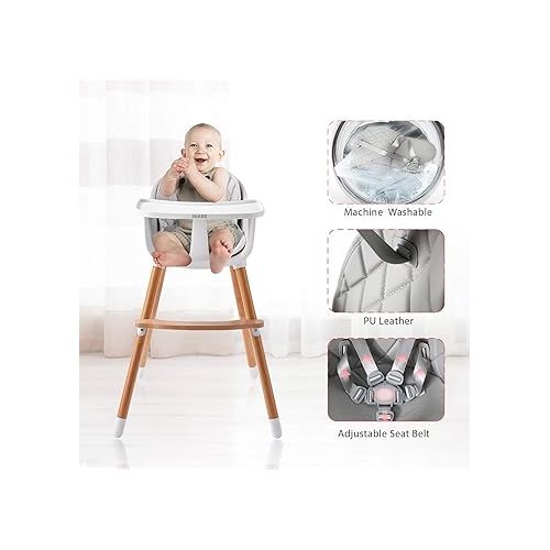  IKARE Wooden Natural Baby High Chair W/Removable Tray & Safety Harness, 3-in-1 Infant Highchair/Booster/Kid Chair | Grows with Your Child | Adjustable Legs | Modern Wood Design (Gray)