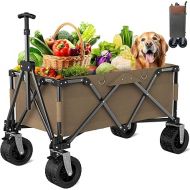 IKARE Heavy Duty Folding Wagon Cart with 330lbs Large Capacity, Portable Outdoor Beach Wagon, Utility Camping Garden Cart with All-Terrain Removable Wheels, Adjustable Handle, Built-in Double Bearing