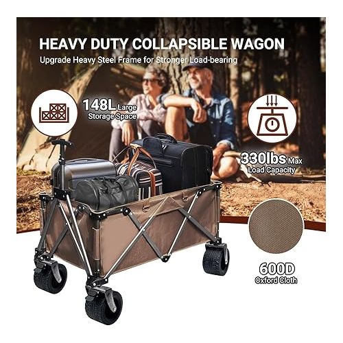  IKARE Heavy Duty Folding Wagon Cart with 330lbs Large Capacity, Portable Outdoor Beach Wagon, Utility Camping Garden Cart with All-Terrain Removable Wheels, Adjustable Handle, Built-in Double Bearing