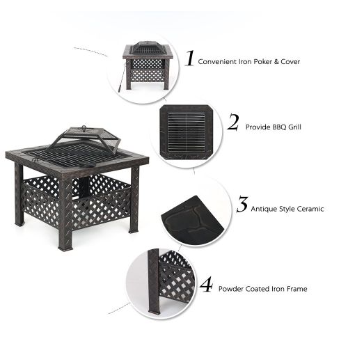  IKAYAA Outdoor Fire Pits iKayaa Metal Square Backyard Firepit Table with Cover, Poker and BBQ Grill