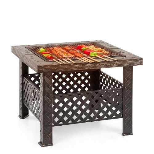  IKAYAA Outdoor Fire Pits iKayaa Metal Square Backyard Firepit Table with Cover, Poker and BBQ Grill