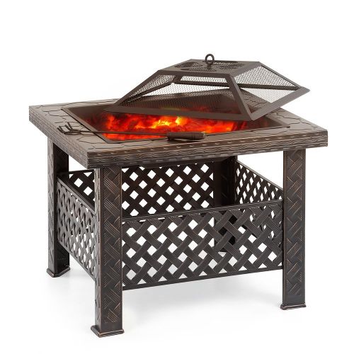  IKAYAA Outdoor Fire Pits iKayaa Metal Square Backyard Firepit Table with Cover, Poker and BBQ Grill