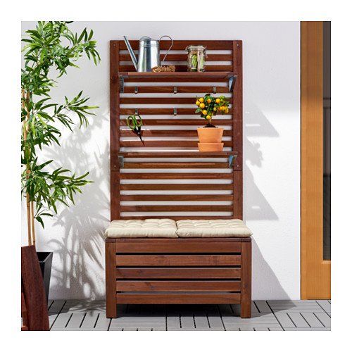 이케아 IKEA Ikea Bench wpanel and shelves, outdoor, brown stained brown 62018.292329.3038