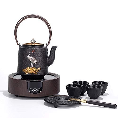  IKJN Cast Iron Teapots Iron Kettle Handmade Household 1.2L Crane Qishou + Wood Grain Electric Pottery Stove + 4 Cast Iron Cups