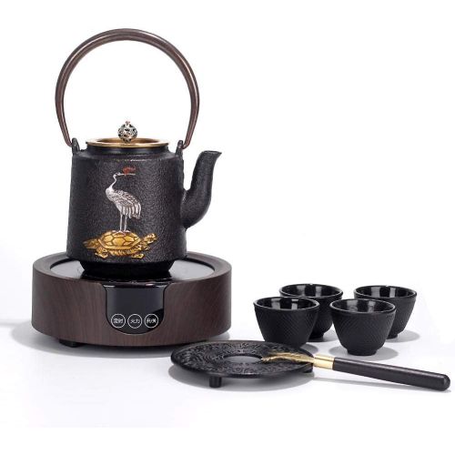  IKJN Cast Iron Teapots Iron Kettle Handmade Household 1.2L Crane Qishou + Wood Grain Electric Pottery Stove + 4 Cast Iron Cups