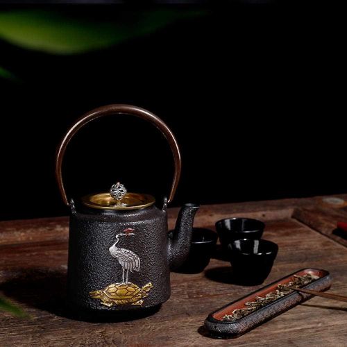  IKJN Cast Iron Teapots Iron Kettle Handmade Household 1.2L Crane Qishou + Wood Grain Electric Pottery Stove + 4 Cast Iron Cups