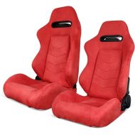 IKON MOTORSPORTS, Universal Racing Seats Pair with Dual Sliders, Red Suede Reclinable Left Right