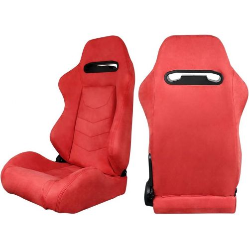  IKON MOTORSPORTS, Universal Racing Seats Pair with Dual Sliders, Red Suede Reclinable Left Right