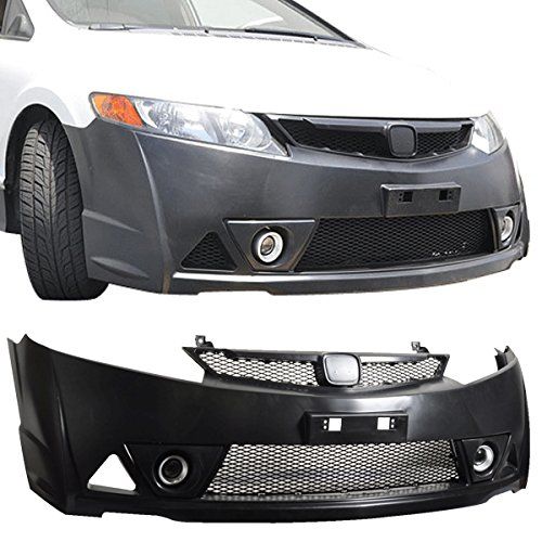  Front Full Bumper Cover with Fog Lights + Rear Bumper Lip with Smoke LED Brake Light Compatible With 2006-2011 Honda Civic Sedan by IKON MOTORSPORTS