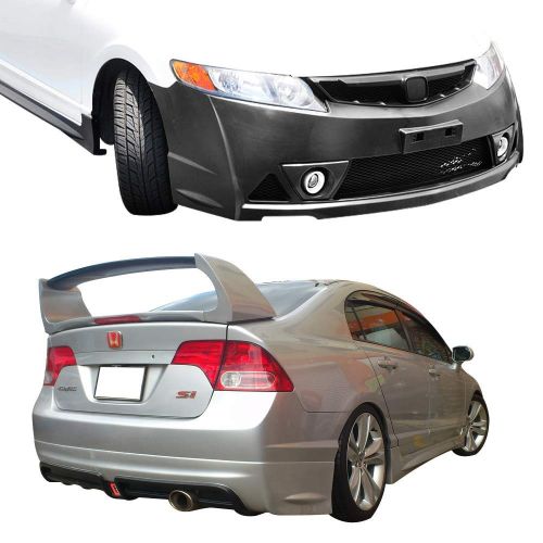  Front Full Bumper Cover with Fog Lights + Rear Bumper Lip with Smoke LED Brake Light Compatible With 2006-2011 Honda Civic Sedan by IKON MOTORSPORTS