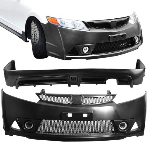  Front Full Bumper Cover with Fog Lights + Rear Bumper Lip with Smoke LED Brake Light Compatible With 2006-2011 Honda Civic Sedan by IKON MOTORSPORTS