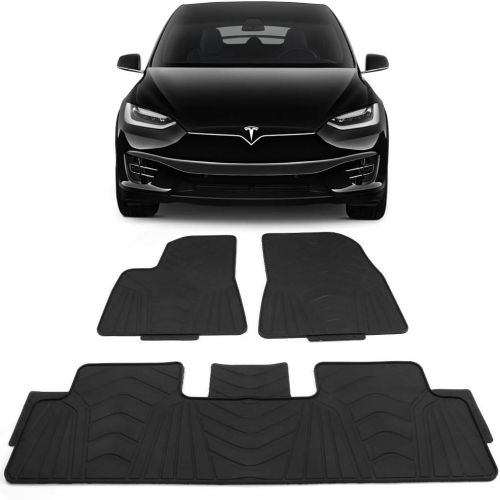  Floor Mats Compatible With 2017-2019 Tesla Model 3 | Latex Rubber All Seasons Weather Interior Heavy Duty Carpets Black Full Set Front and Second Row By IKON MOTORSPORTS