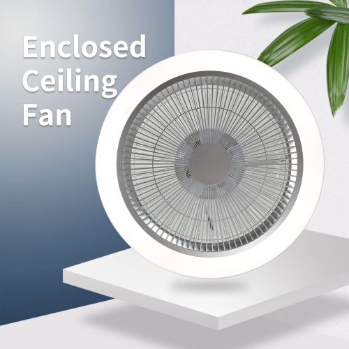  ILAHUI Enclosed Ceiling Fan with Lights Modern Ceiling Fan Light 5 slices Invisible Blades Silver Ceiling Fan Light with Remote Control