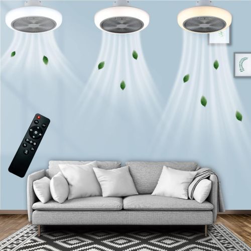  ILAHUI Enclosed Ceiling Fan with Lights Modern Ceiling Fan Light 5 slices Invisible Blades Silver Ceiling Fan Light with Remote Control