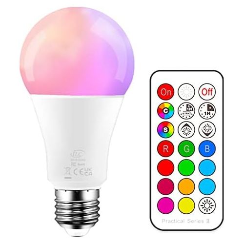  iLC Farbige Leuchtmittel LED RGBW Lampe Dimmbare Farbige Leuchtmitte Lampen 10W E27 Edison RGB LED Birnen - Dual Memory - 12 Farben - Kabellos Fernbedienung inklusive