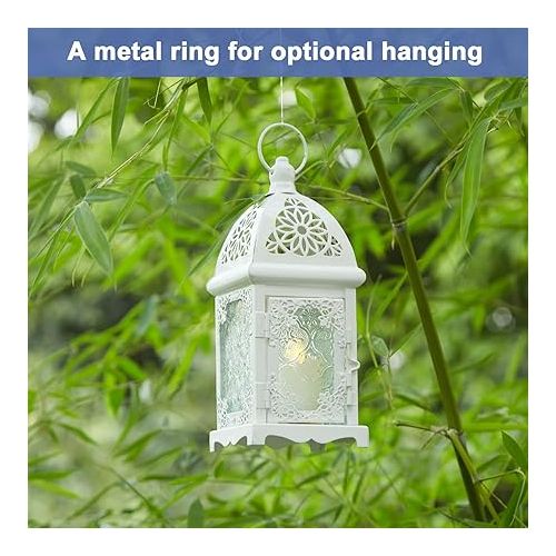  Candle Lantern Holder, Image 2 Pcs Metal Candle Lantern Holder with Transparent Glass, Vintage Hanging Lantern Tabletop Decoration Birdcage for Home Decor and Wedding White