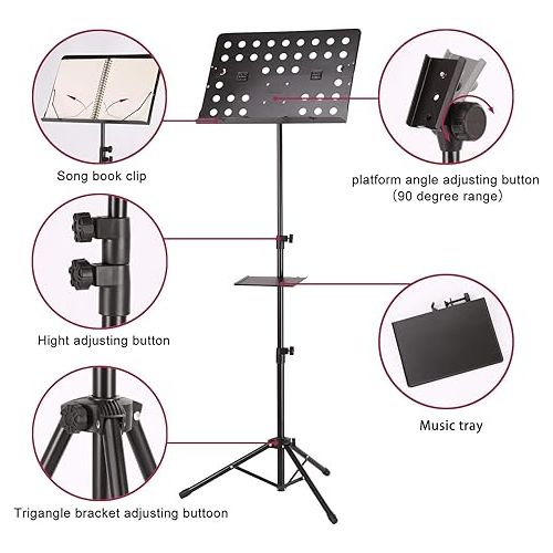  IMAGE Music Stand, 21.6-63 Inch Sheet Music Stand Adjustable and Foldable Travel Metal Music Stand with Carrying Bag Music Tray and Music Sheet Clip Holder for Instrumental Performance