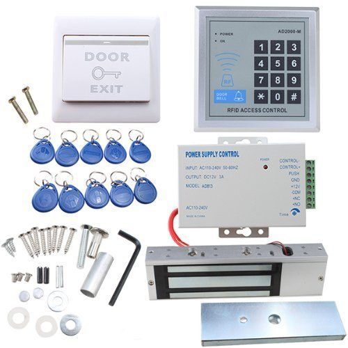  IMAGE Full set RFID Door Access Control system Kit With 500kg 1100LBs Electric Magnetic lock 110-240V AC to 12v DC 3A 36w Power Supply Proximity Door Entry keypad 10 Key Fobs EXIT