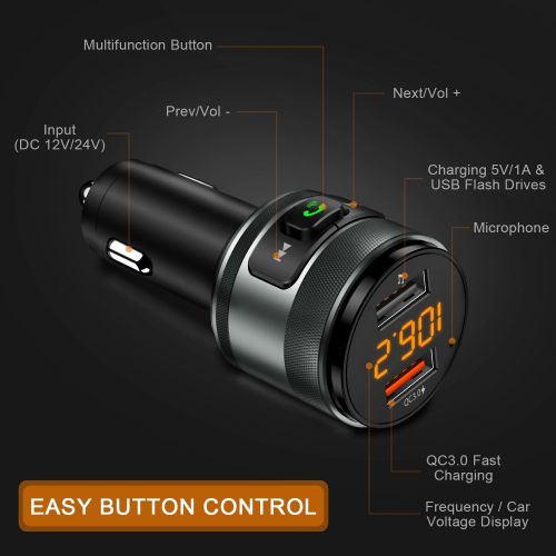  [아마존베스트]IMDEN Bluetooth FM Transmitter for Car, QC3.0 Wireless Bluetooth FM Radio Adapter Music Player FM Transmitter / Car Kit with Hands-free Calling and 2 USB Ports Charger Support USB