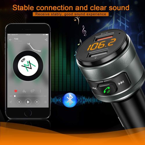  [아마존베스트]IMDEN Bluetooth FM Transmitter for Car, QC3.0 Wireless Bluetooth FM Radio Adapter Music Player FM Transmitter / Car Kit with Hands-free Calling and 2 USB Ports Charger Support USB