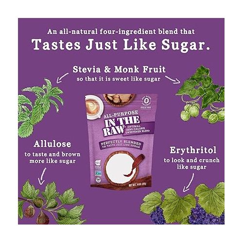  All-Purpose In The Raw Nature’s Zero Calorie Sweetener, Sugar Free Substitute Baking, Coffee, Stevia, Monk Fruit, Allulose, Erythritol Blend, Keto, Low Carb, Vegan, Gluten Free, 14 Oz (Pack of 1)