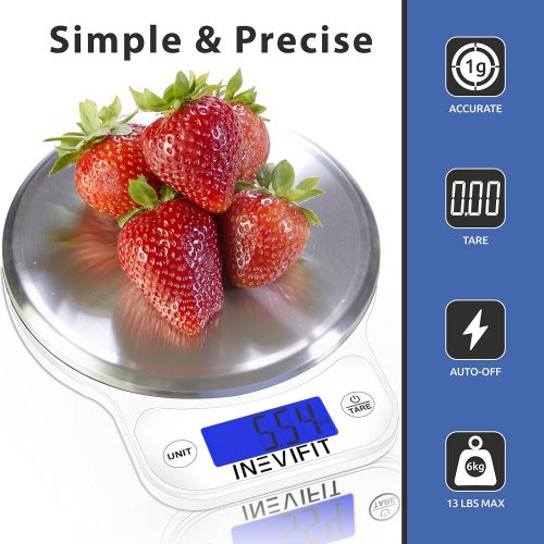  INEVIFIT DIGITAL KITCHEN SCALE, Highly Accurate Multifunction Food Scale 13 lbs 6kgs Max, Clean Modern White with Premium Stainless Steel Finish. Includes Batteries & 5-Year Warran