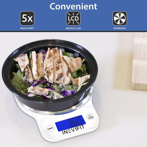  INEVIFIT DIGITAL KITCHEN SCALE, Highly Accurate Multifunction Food Scale 13 lbs 6kgs Max, Clean Modern White with Premium Stainless Steel Finish. Includes Batteries & 5-Year Warran