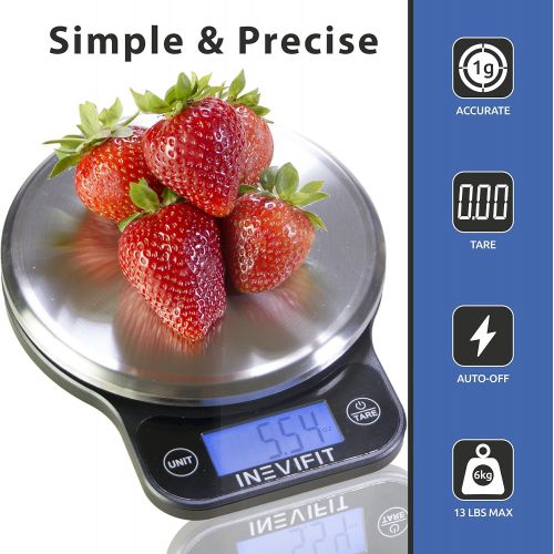  [아마존베스트]INEVIFIT DIGITAL KITCHEN SCALE, Highly Accurate Multifunction Food Scale 13 lbs 6kgs Max, Clean Modern Black with Premium Stainless Steel Finish. Includes Batteries & 5-Year Warran