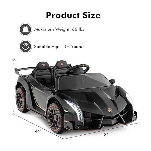  INFANS 2 Seater Kids Ride on Car, 12V 4WD Licensed Lamborghini Veneno Powered Electric Vehicle with Hydraulic Doors, Rocking Mode, Adjustable Speeds, Remote Control, MP3, Headlight (Black)