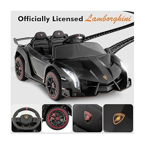  INFANS 2 Seater Kids Ride on Car, 12V 4WD Licensed Lamborghini Veneno Powered Electric Vehicle with Hydraulic Doors, Rocking Mode, Adjustable Speeds, Remote Control, MP3, Headlight (Black)