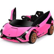 INFANS 12V Licensed Lamborghini Sian Kids Ride On Car with Parent Remote Control, Spring Suspension, MP3 Player, Electric Toy Roadster Carbon Fiber Textured for Toddler (Pink)