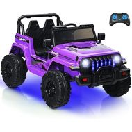 INFANS Kids Ride on Car Truck with 2.4G Remote Control, 12V Battery Powered Electric Cars for Kids w/3 Speeds, Battery Display, LED Lights, Safety Belt, Music & Horn, Bluetooth/FM/USB (Purple)