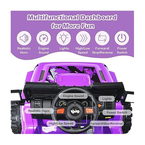  INFANS Kids Ride on Car Truck with 2.4G Remote Control, 12V Battery Powered Electric Cars for Kids w/3 Speeds, Battery Display, LED Lights, Safety Belt, Music & Horn, Bluetooth/FM/USB (Purple)