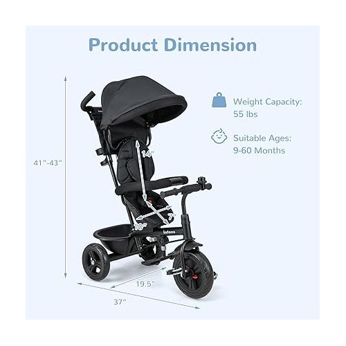  INFANS Kids Tricycle, 6 in 1 Baby Trike Toddler Bike with Reversible Seat, Adjustable Push Handle, Control Direction, Removable Canopy, Safety Harness, Belt, Storage, 9-60 Months (Black)
