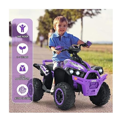  INFANS Kids Ride on ATV, 12V 4 Wheeler Quad Toy Vehicle with Music, Horn, High Low Speeds, LED Lights, Electric Ride On Toy, Battery Powered Wheels Car for Kids Over 3 Years Old (Violet)