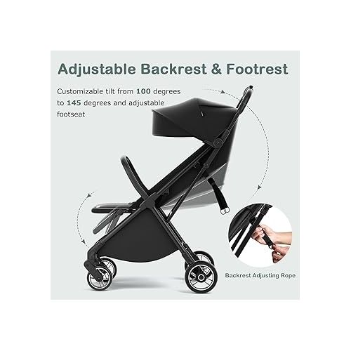  INFANS Lightweight Baby Stroller, Ultra-Compact Fold Airplane Ready Travel Stroller, One-Hand Gravity Fold Near Flat Recline Seat Cup Holder, Foldable Toddler Stroller for Infant 0-36 Month