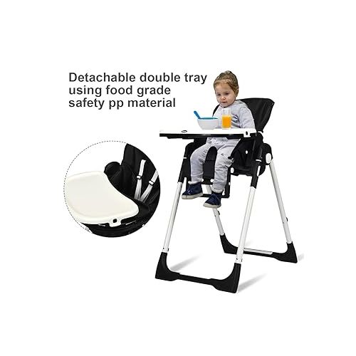  INFANS High Chair for Babies & Toddlers, Foldable Highchair with Multiple Adjustable Backrest, Footrest and Seat Height, Removable Tray, Detachable PU Leather Cushion, Built-in Rear Wheels (Black)