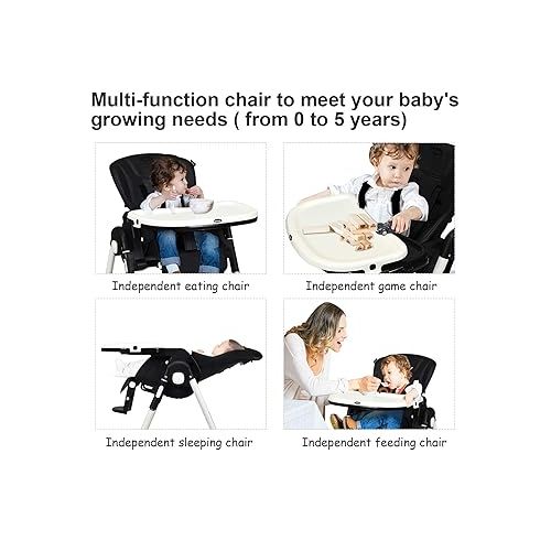  INFANS High Chair for Babies & Toddlers, Foldable Highchair with Multiple Adjustable Backrest, Footrest and Seat Height, Removable Tray, Detachable PU Leather Cushion, Built-in Rear Wheels (Black)