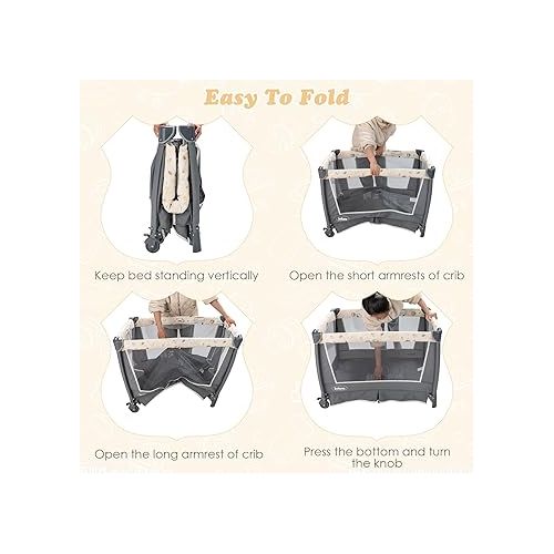  INFANS 4 in 1 Pack and Play, Portable Nursery Center for Baby Kid Infant, Travel Playard with Bassinet, Mattress, Diaper Changer, Bag, Toys, Music Box, Storage Basket (Monkey)