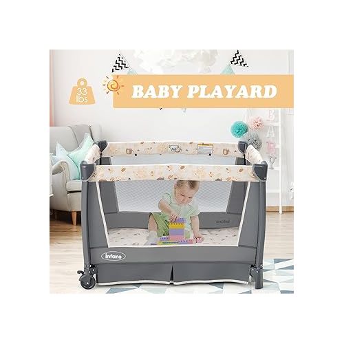  INFANS 4 in 1 Pack and Play, Portable Nursery Center for Baby Kid Infant, Travel Playard with Bassinet, Mattress, Diaper Changer, Bag, Toys, Music Box, Storage Basket (Monkey)