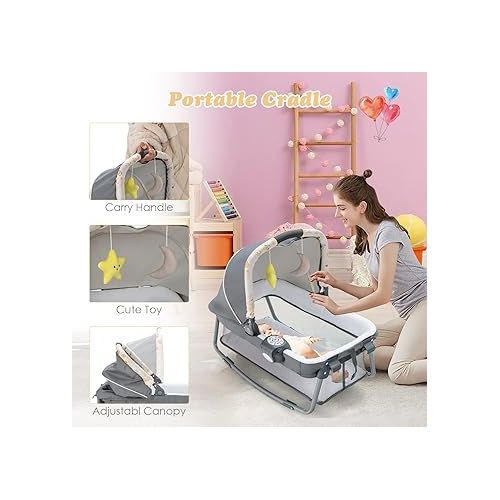  INFANS 4 in 1 Pack and Play, Portable Nursery Center for Baby Kid Infant, Travel Playard with Bassinet, Mattress, Diaper Changer, Bag, Toys, Music Box, Storage Basket (Monkey)