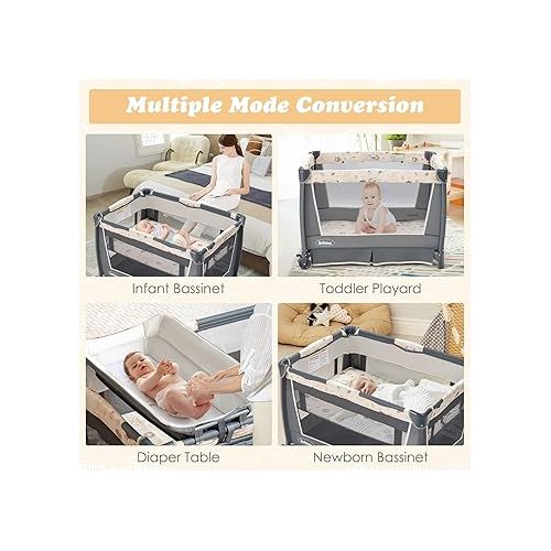  INFANS 4 in 1 Pack and Play, Portable Nursery Center for Baby Kid Infant, Travel Playard with Bassinet, Mattress, Diaper Changer, Bag, Toys, Music Box, Storage Basket (Monkey)