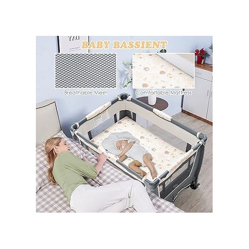  INFANS 4 in 1 Pack and Play, Portable Nursery Center for Baby Kid Infant, Travel Playard with Bassinet, Mattress, Diaper Changer, Bag, Toys, Music Box, Storage Basket (Monkey)