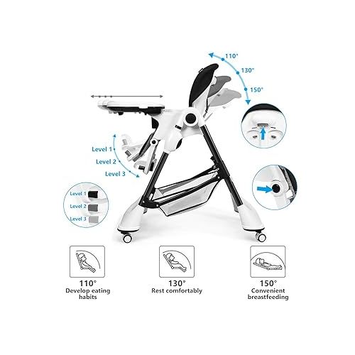  INFANS High Chair with One-Hand Removable Tray, 4 Lockable Wheels & Large Storage Basket - Multi-Adjustable Height, Recline & Footrest, Removable Cushion, Foldable for Baby, Infant& Toddler