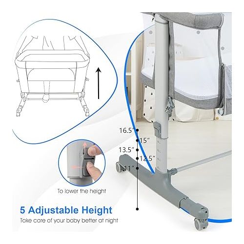  INFANS 3 in 1 Baby Bassinet, Bedside Sleeper for Newborn, Folding Crib with Mattress, Travel Bag, Wheels, 4-Sided Mesh, Easy to Assemble Cradle Co Sleeper Stationary, Rock (Light Grey)