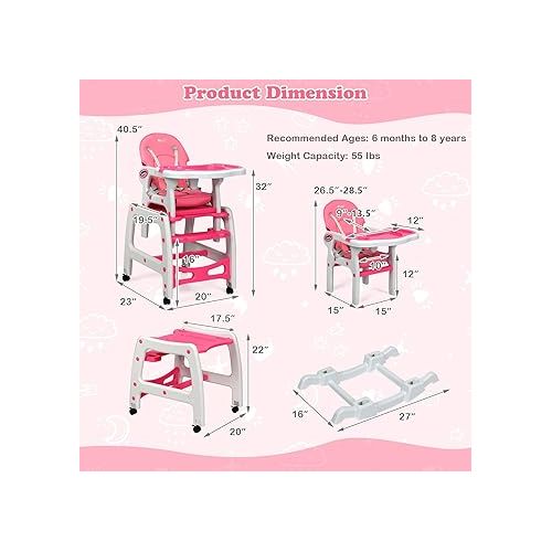  INFANS 5 in 1 Baby High Chair, Convertible Toddler Table Chair Set, Rocking Chair, Multi-Function Seat with Lockable Universal Wheels, Adjustable Seat Back, Removable Trays