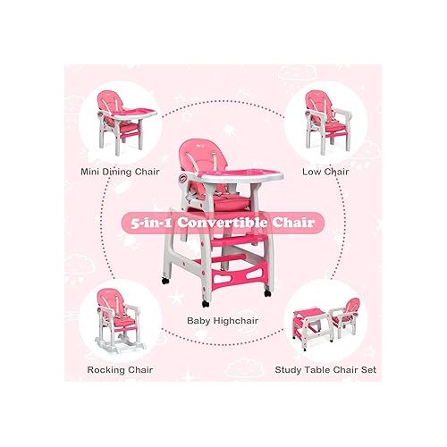  INFANS 5 in 1 Baby High Chair, Convertible Toddler Table Chair Set, Rocking Chair, Multi-Function Seat with Lockable Universal Wheels, Adjustable Seat Back, Removable Trays